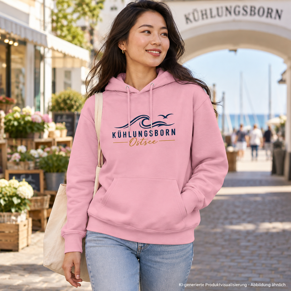 Kühlungsborn Baltic Waves Bio-Unisex-Hoodie Light Edition in Cotton Pink am Marktdurchgang – KI-Produktvisualisierung