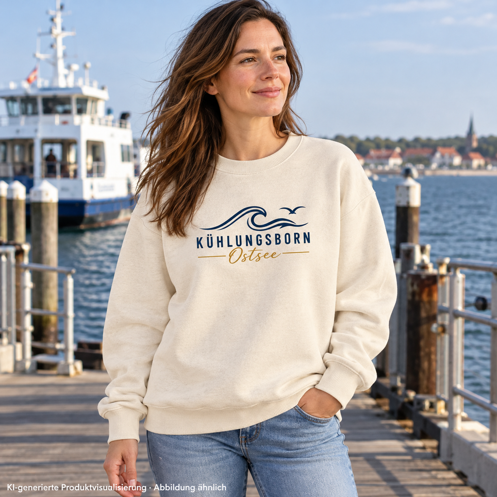 Kühlungsborn Baltic Waves Bio-Oversize-Sweatshirt Light Edition in Natural Raw am Fähranleger – KI-Produktvisualisierung
