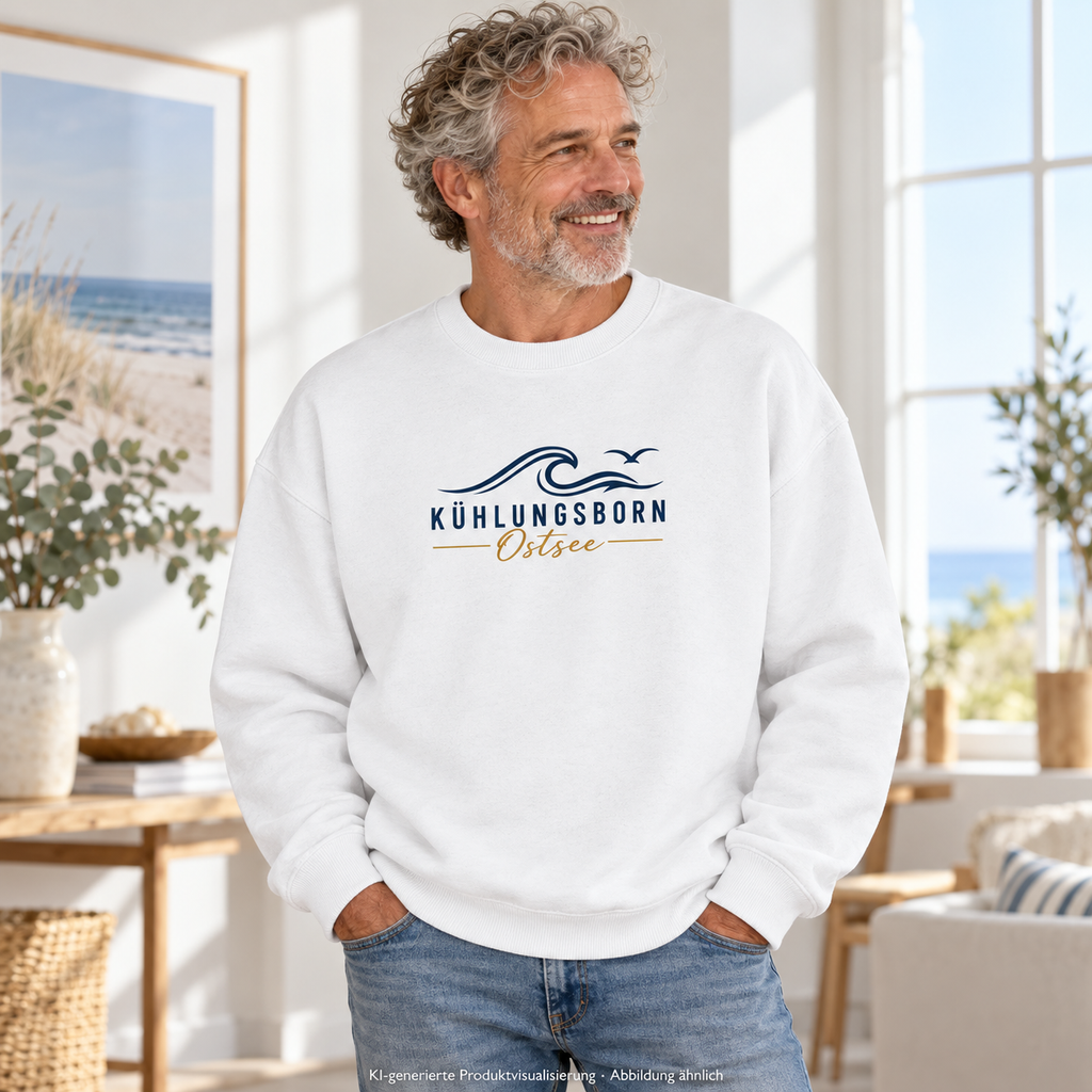 Kühlungsborn Baltic Waves Bio-Oversize-Sweatshirt Light Edition in White im Atelier – KI-Produktvisualisierung