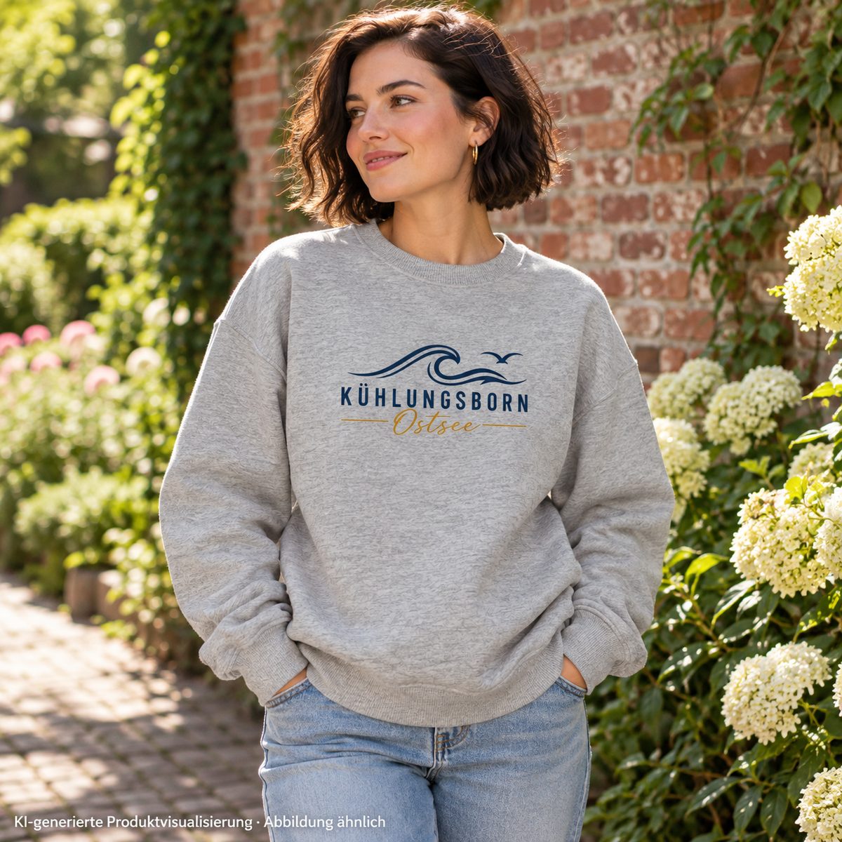 Kühlungsborn Baltic Waves Bio-Oversize-Sweatshirt Light Edition in Heather Grey an einer Gartenmauer – KI-Produktvisualisierung