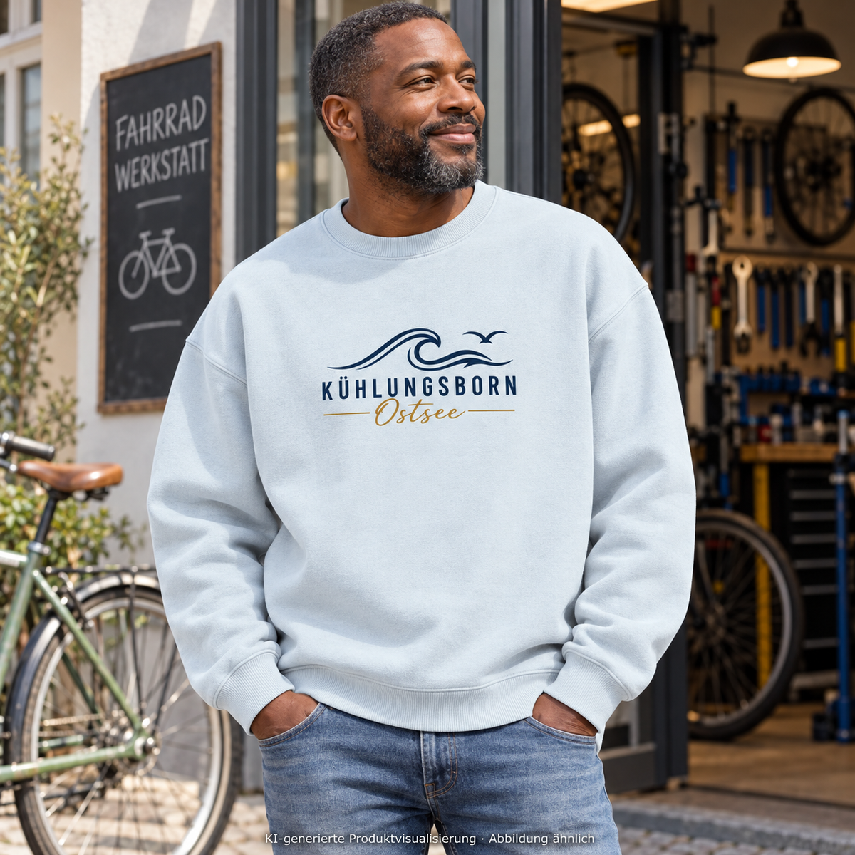 Kühlungsborn Baltic Waves Bio-Oversize-Sweatshirt Light Edition in Blue Ice vor einer Fahrradwerkstatt – KI-Produktvisualisierung