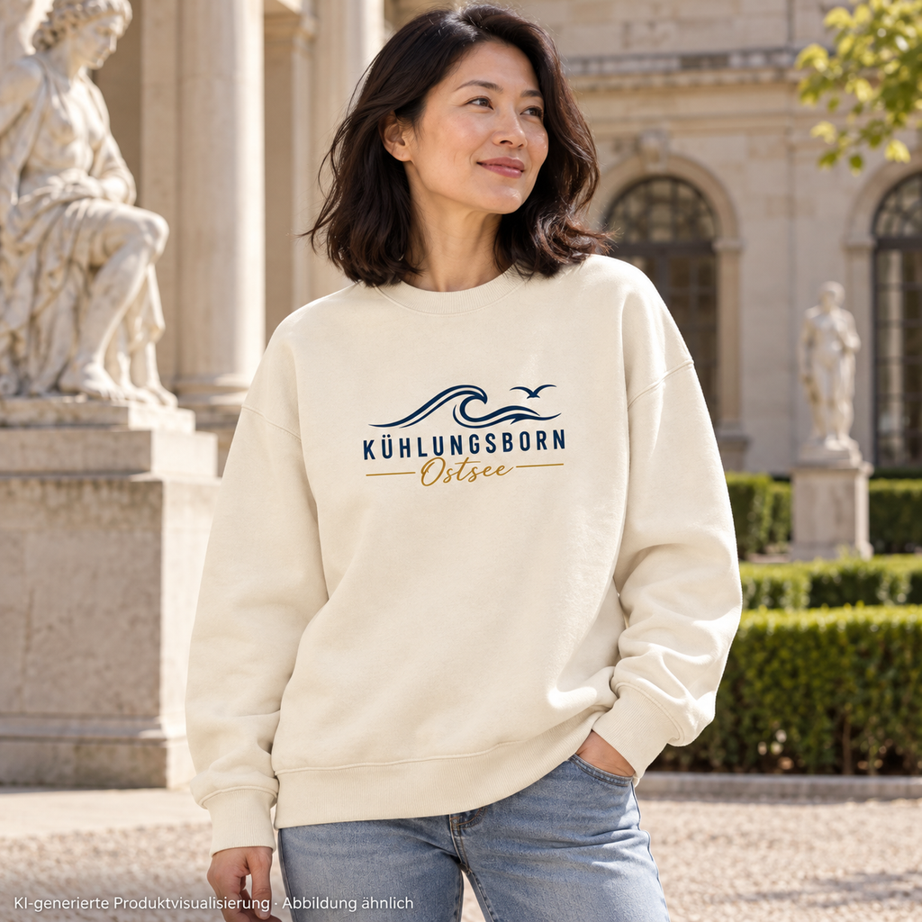 Kühlungsborn Baltic Waves Bio-Oversize-Sweatshirt Light Edition in Cream im Museumshof – KI-Produktvisualisierung