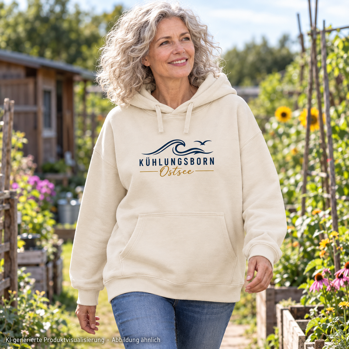 Kühlungsborn Baltic Waves Bio-Oversize-Hoodie Light Edition in Natural Raw im Kleingarten – KI-Produktvisualisierung
