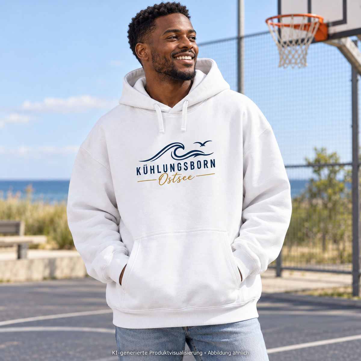Kühlungsborn Baltic Waves Bio-Oversize-Hoodie Light Edition in White am Basketballplatz – KI-Produktvisualisierung