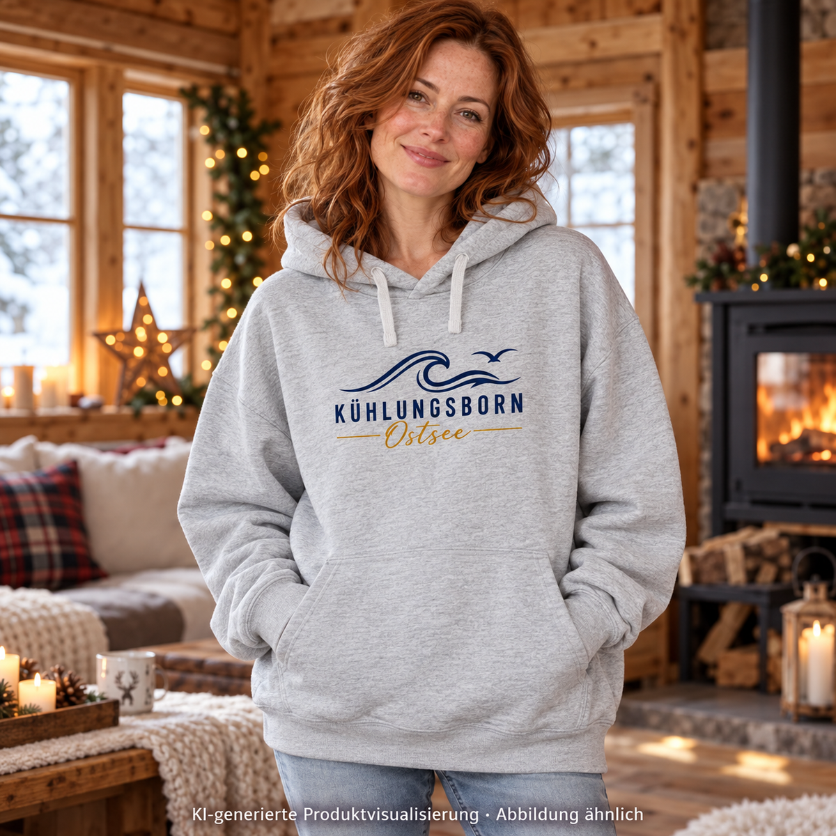 Kühlungsborn Baltic Waves Bio-Oversize-Hoodie Light Edition in Cool Heather Grey in einer Holzhütte – KI-Produktvisualisierung