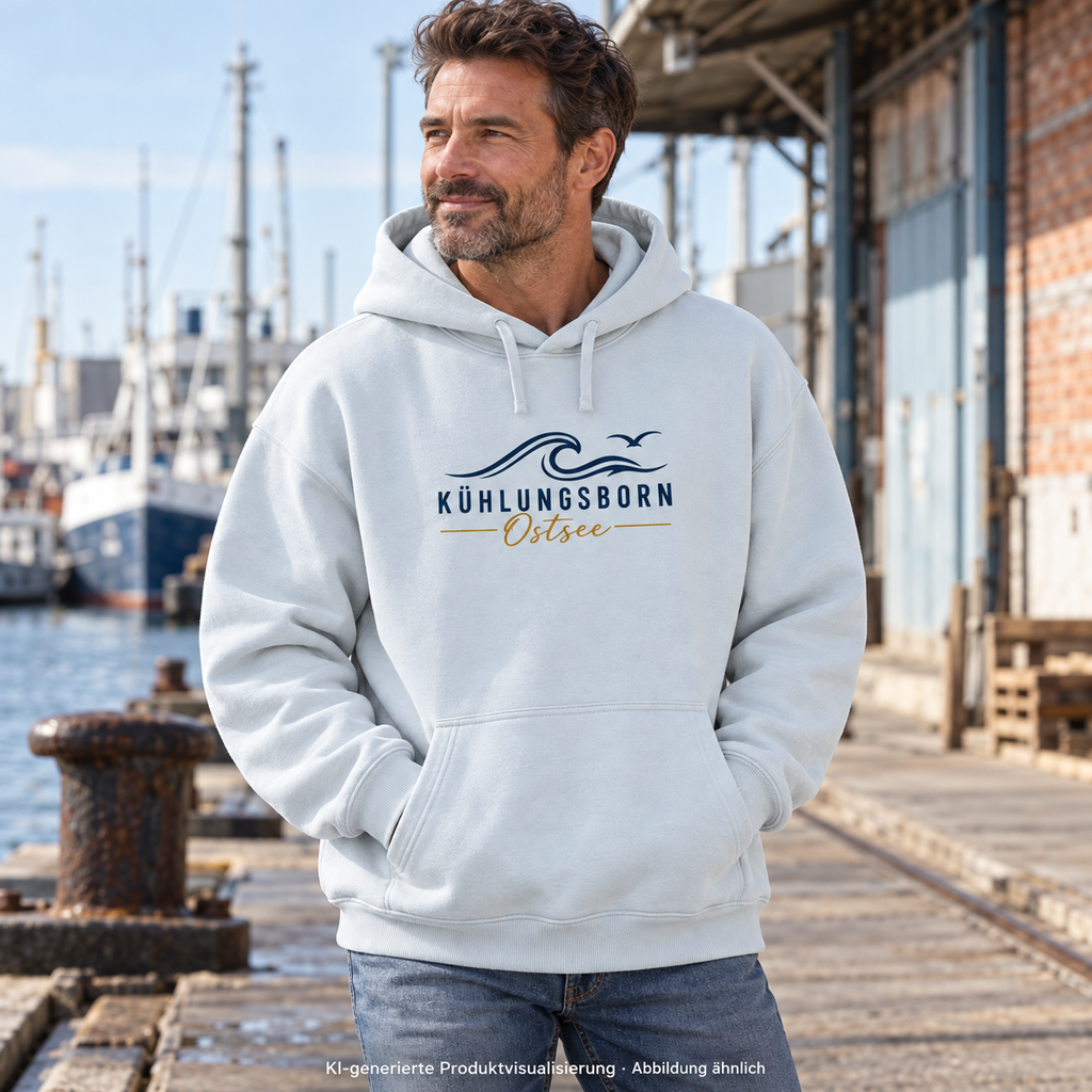 Kühlungsborn Baltic Waves Bio-Oversize-Hoodie Light Edition in Blue Ice am Hafenspeicher – KI-Produktvisualisierung