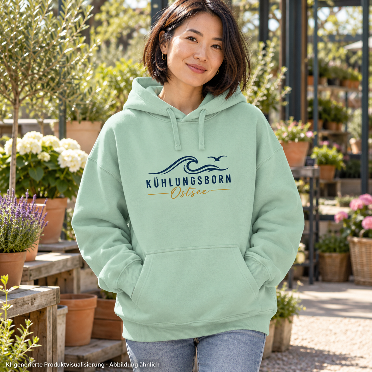 Kühlungsborn Baltic Waves Bio-Oversize-Hoodie Light Edition in Misty Jade auf einer Gartencenter-Terrasse – KI-Produktvisualisierung