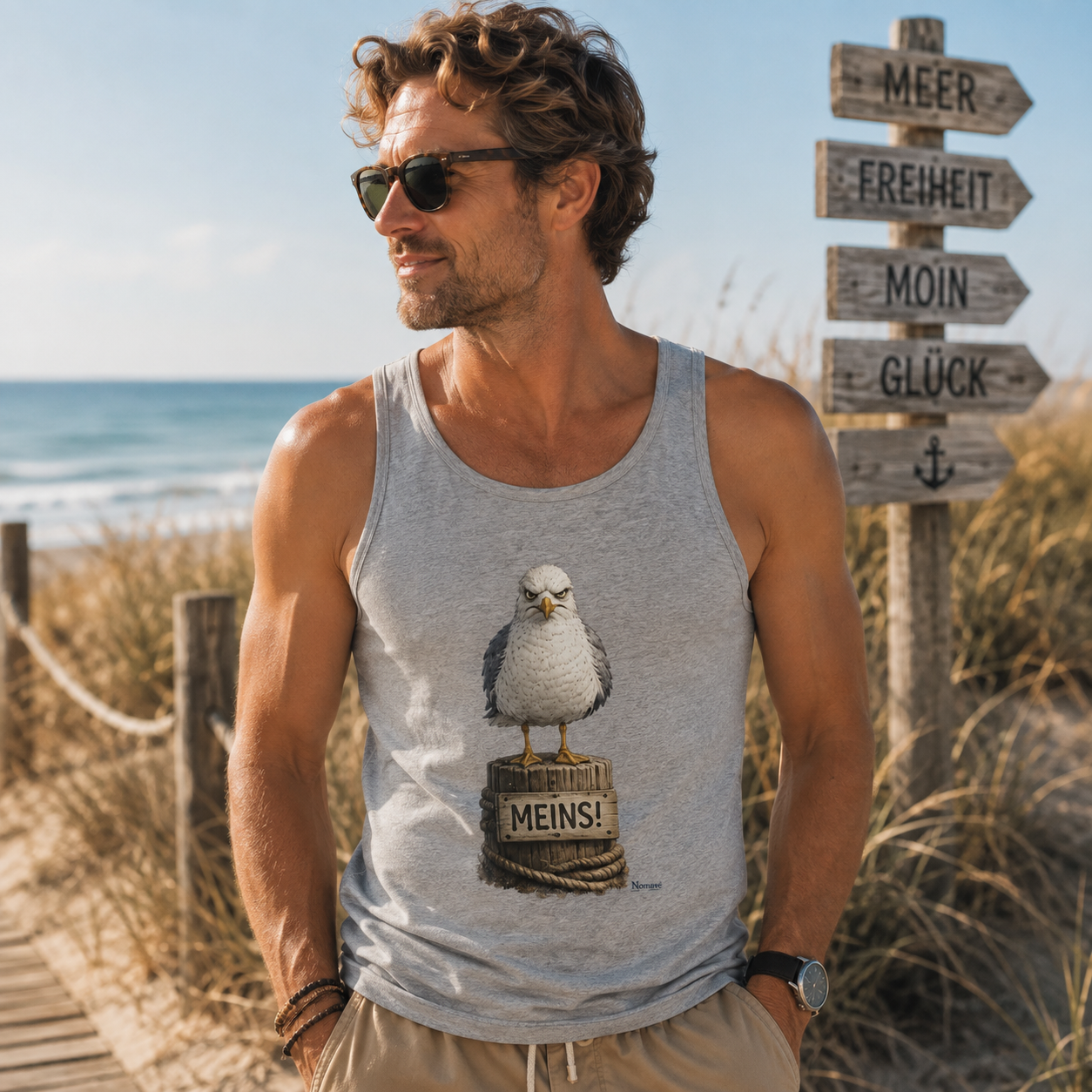Mann trägt das graue Bio Tanktop „MEINS!“ aus der Nomavé Küstenhumor-Kollektion am Ostseestrand. Sommerliches Lifestyle-Bild mit Dünen, Meer und maritimer Wegweiser-Kulisse.