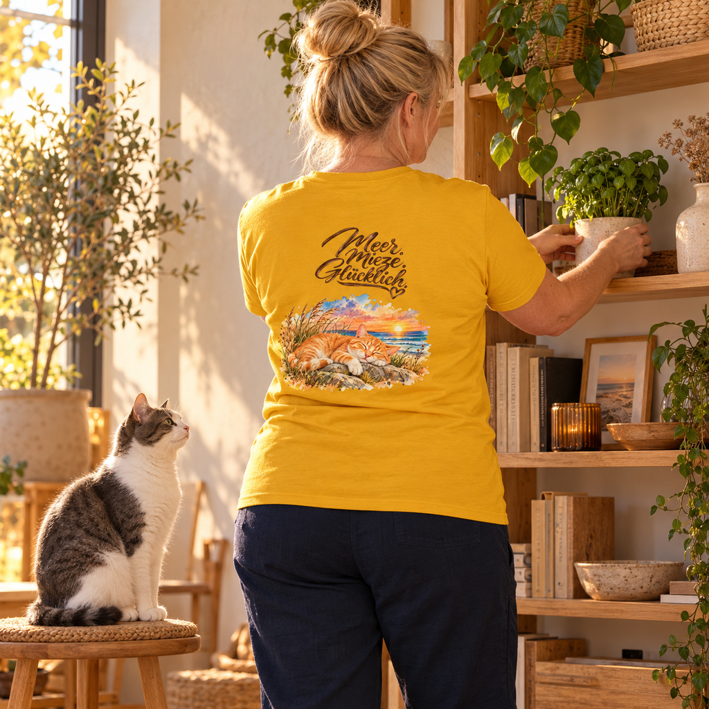 Frau im Heavy-Cotton-T-Shirt in Gold mit Katzenmotiv auf dem Rücken stellt eine Pflanze ins Regal; eine grau-weiße Katze sitzt daneben.
