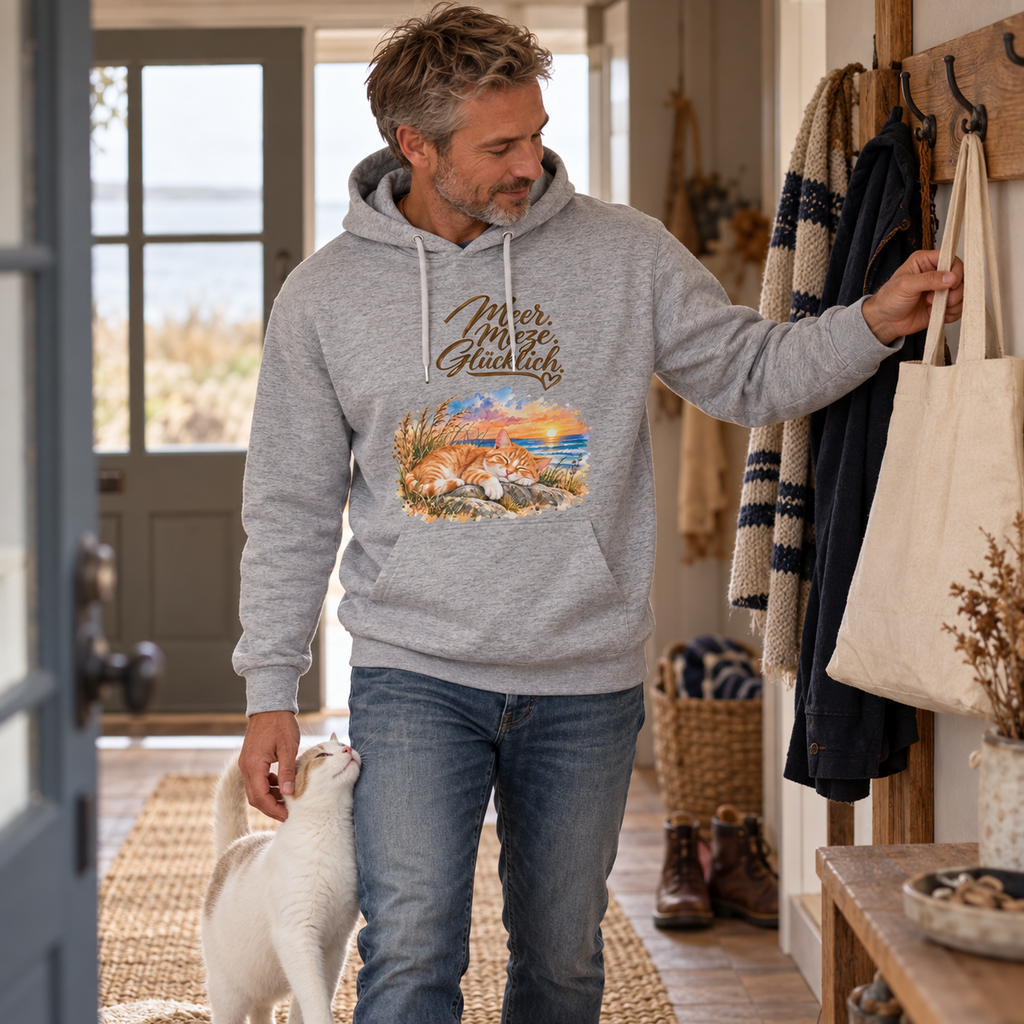 Mann im Bio-Hoodie in Heather Grey mit Katzenmotiv als Frontprint und weißer Katze im Flur.