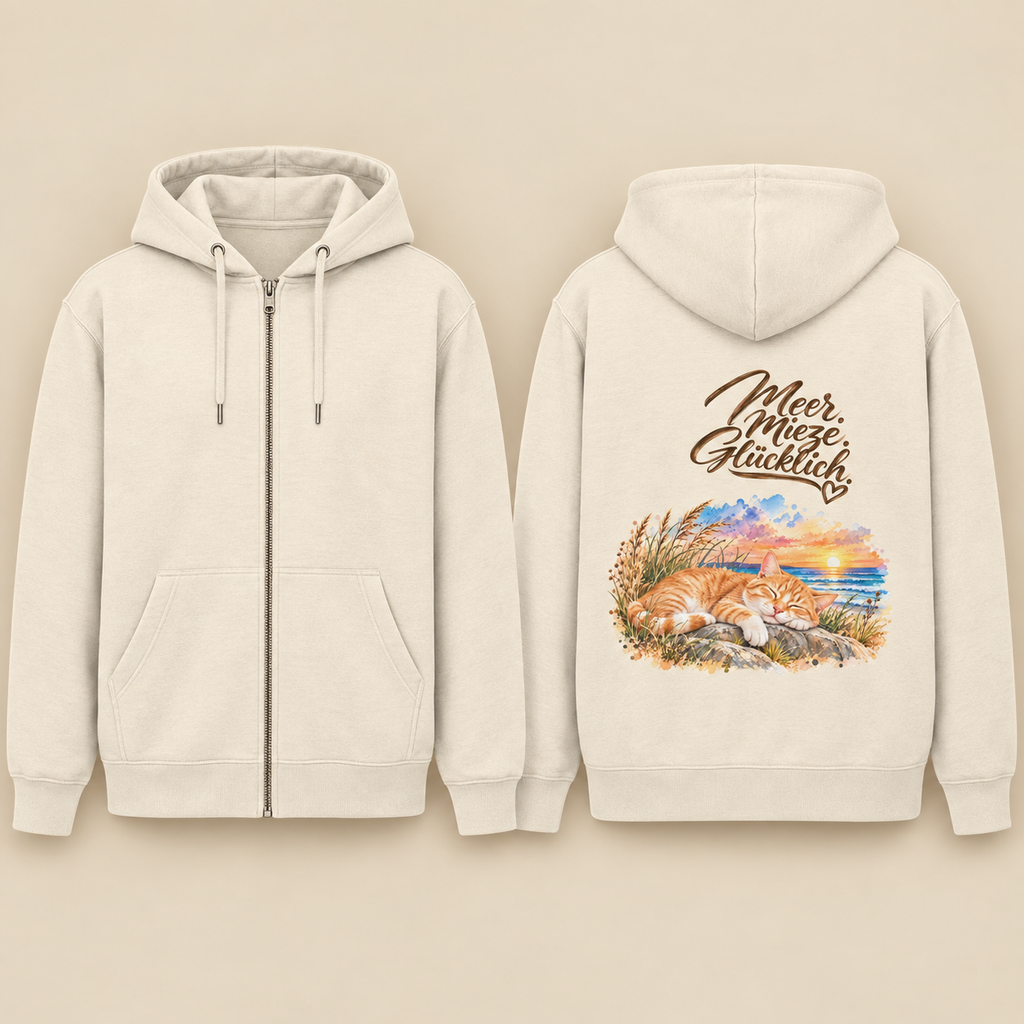 Front- und Rückansicht der Kapuzenjacke in Natural Raw: vorne ohne Print mit Reißverschluss, hinten mit „Meer. Mieze. Glücklich.“ und Katzenmotiv.