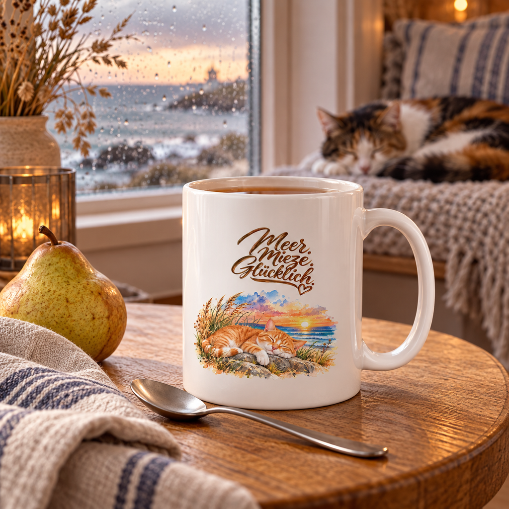 Weiße Tasse mit „Meer. Mieze. Glücklich.“ auf einem Holztisch am Regenfenster; im Hintergrund ruht eine dreifarbige Katze.