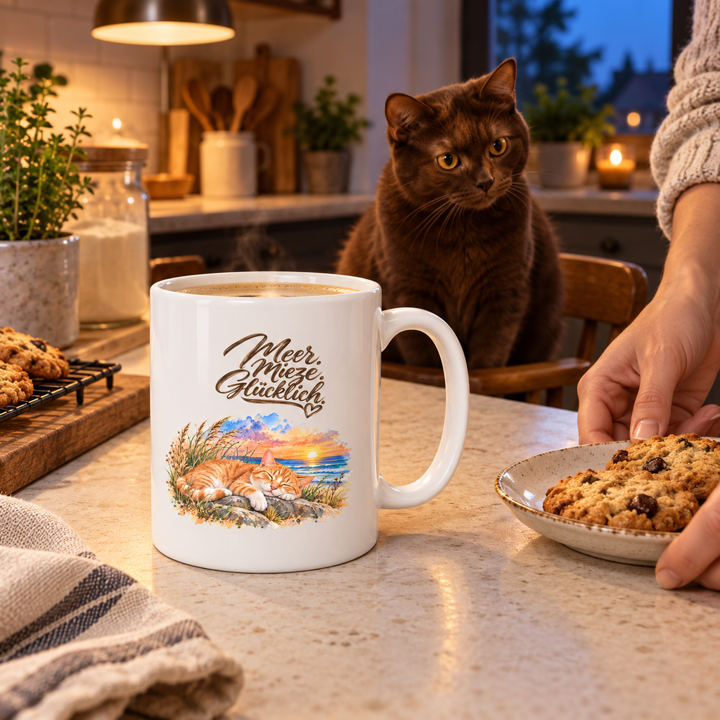 Weiße Tasse mit Katzenmotiv neben Gebäck auf der Küchentheke; eine braune Katze sitzt dahinter.