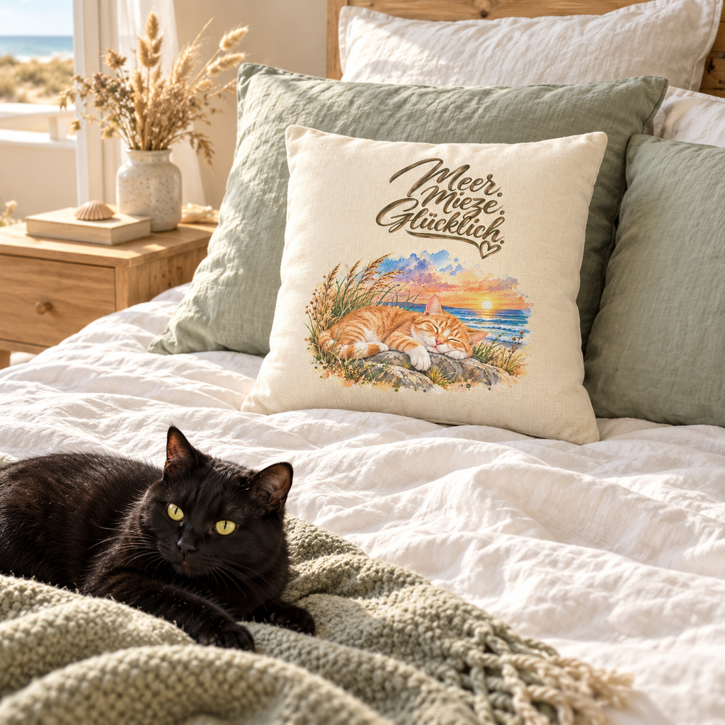Naturfarbenes Kissen mit Katzenmotiv am Meer auf einem hellen Bett; davor liegt eine schwarze Katze.