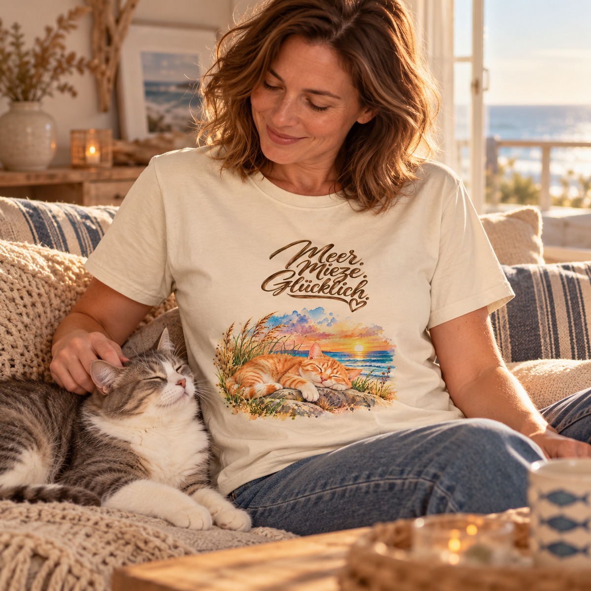 Frau im naturfarbenen Bio-T-Shirt mit Meer. Mieze. Glücklich.-Frontmotiv streichelt eine grau-weiße Katze auf dem Sofa.