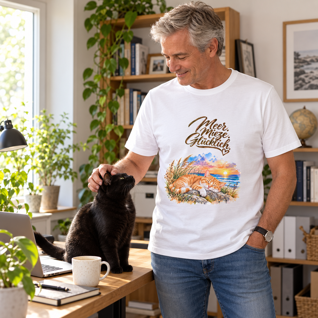 Mann im weißen Bio-T-Shirt mit Meer. Mieze. Glücklich.-Frontmotiv streichelt eine schwarze Katze am Homeoffice-Schreibtisch.
