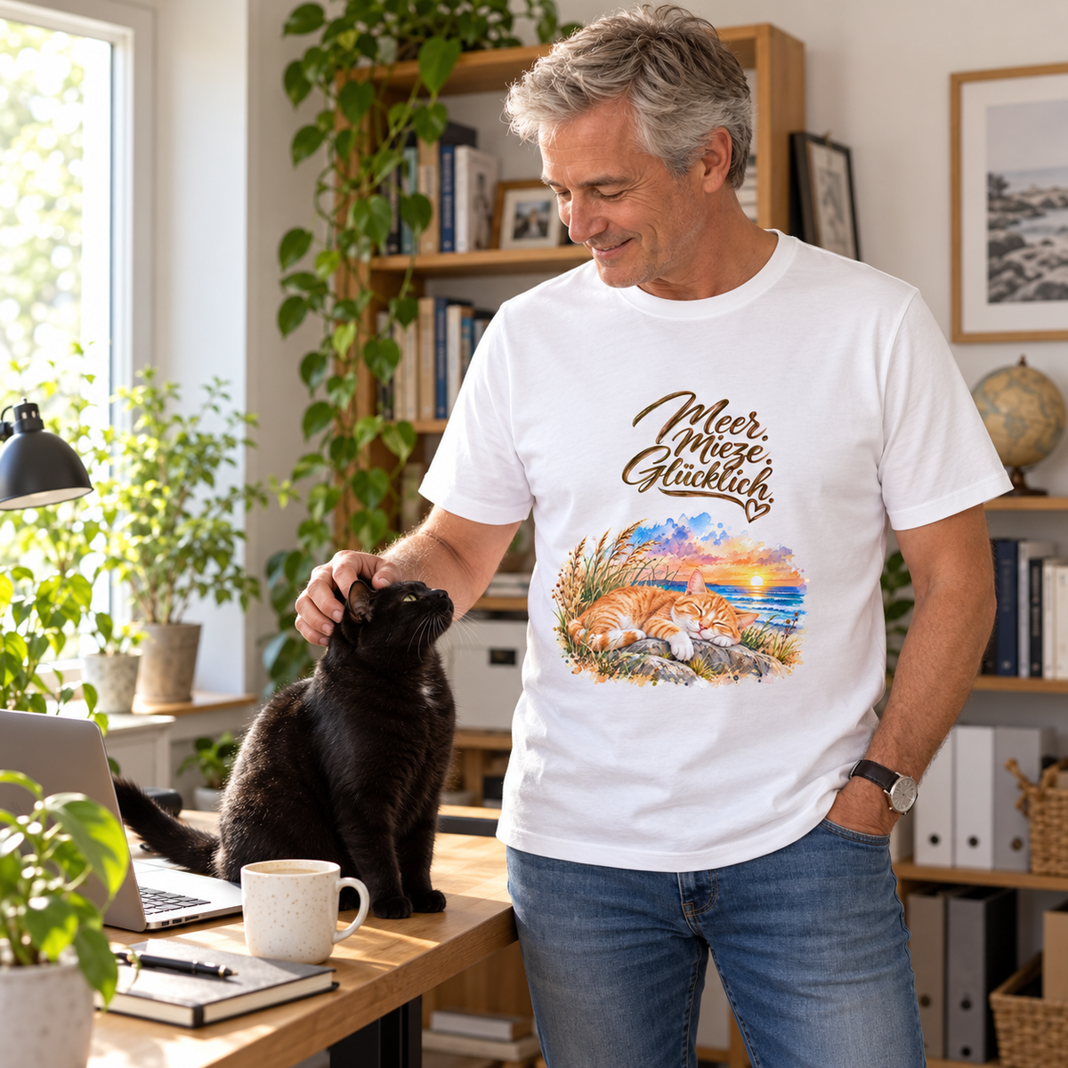 Mann im weißen Bio-T-Shirt mit Meer. Mieze. Glücklich.-Frontmotiv streichelt eine schwarze Katze am Homeoffice-Schreibtisch.