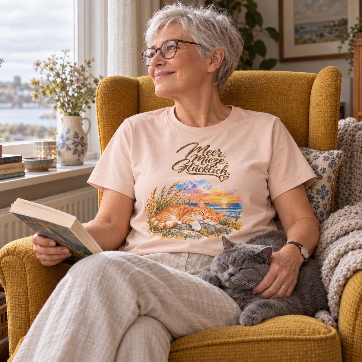 Frau im Damen-Bio-T-Shirt in Fraiche Peche mit Meer. Mieze. Glücklich.-Frontmotiv liest am Fenster mit einer grauen Katze auf dem Schoß.