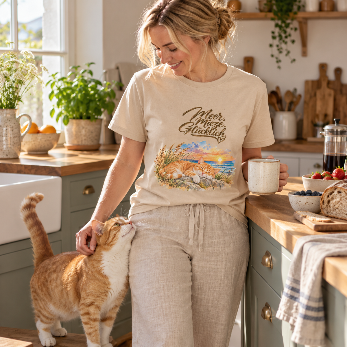 Frau im naturfarbenen Heavy-Cotton-T-Shirt mit Meer. Mieze. Glücklich.-Frontmotiv beim Frühstück mit einer orange-weißen Katze in der Küche.