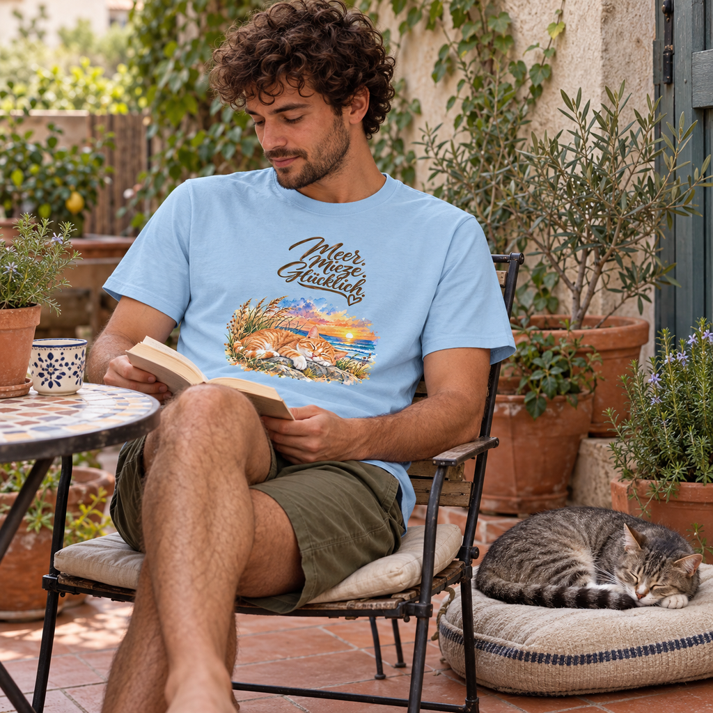 Mann im hellblauen Heavy-Cotton-T-Shirt mit Meer. Mieze. Glücklich.-Frontmotiv liest auf der Terrasse neben einer schlafenden getigerten Katze.