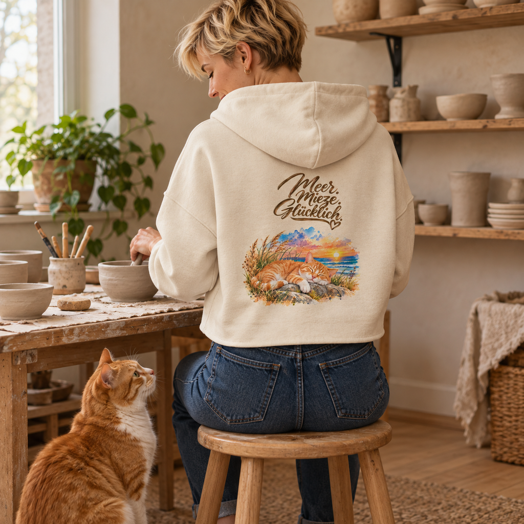 Frau im Damen-Boxcut-Hoodie in Natural Raw mit Katzen-Backprint sitzt an einem Tisch beim Töpfern; eine rote Katze schaut zu.