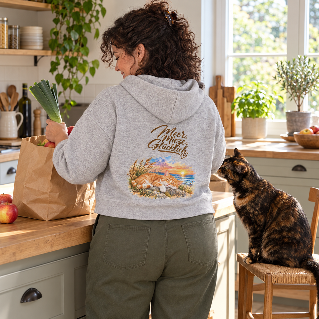 Frau im Damen-Boxcut-Hoodie in Cool Heather Grey mit „Meer. Mieze. Glücklich.“ auf dem Rücken packt Einkäufe aus; eine Schildpattkatze sitzt daneben.