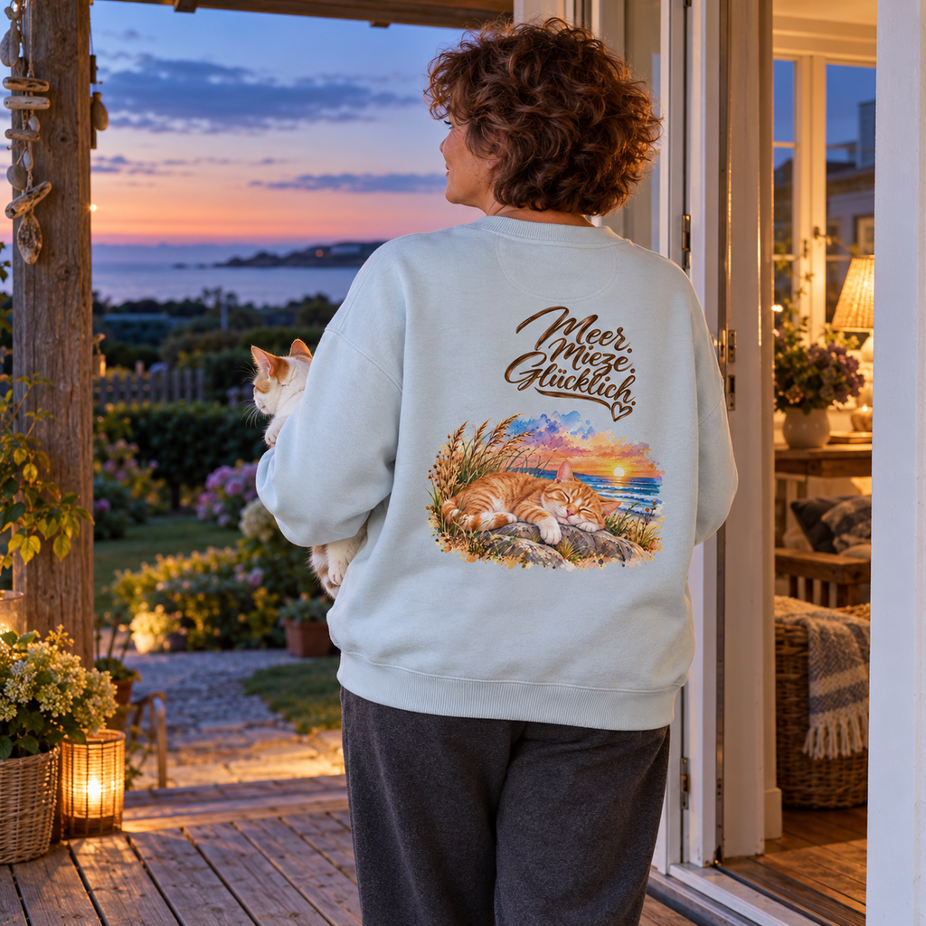 Frau im Oversize-Sweatshirt in Blue Ice mit „Meer. Mieze. Glücklich.“ als Backprint hält eine weiß-orange Katze auf einer Veranda am Abend.
