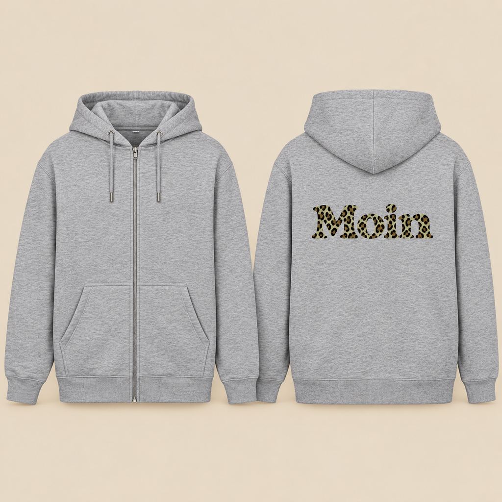 Graumelierte Zipper-Kapuzenjacke in Front- und Rückansicht: vorne Reißverschluss ohne Print, hinten Moin Leo Sage Green.