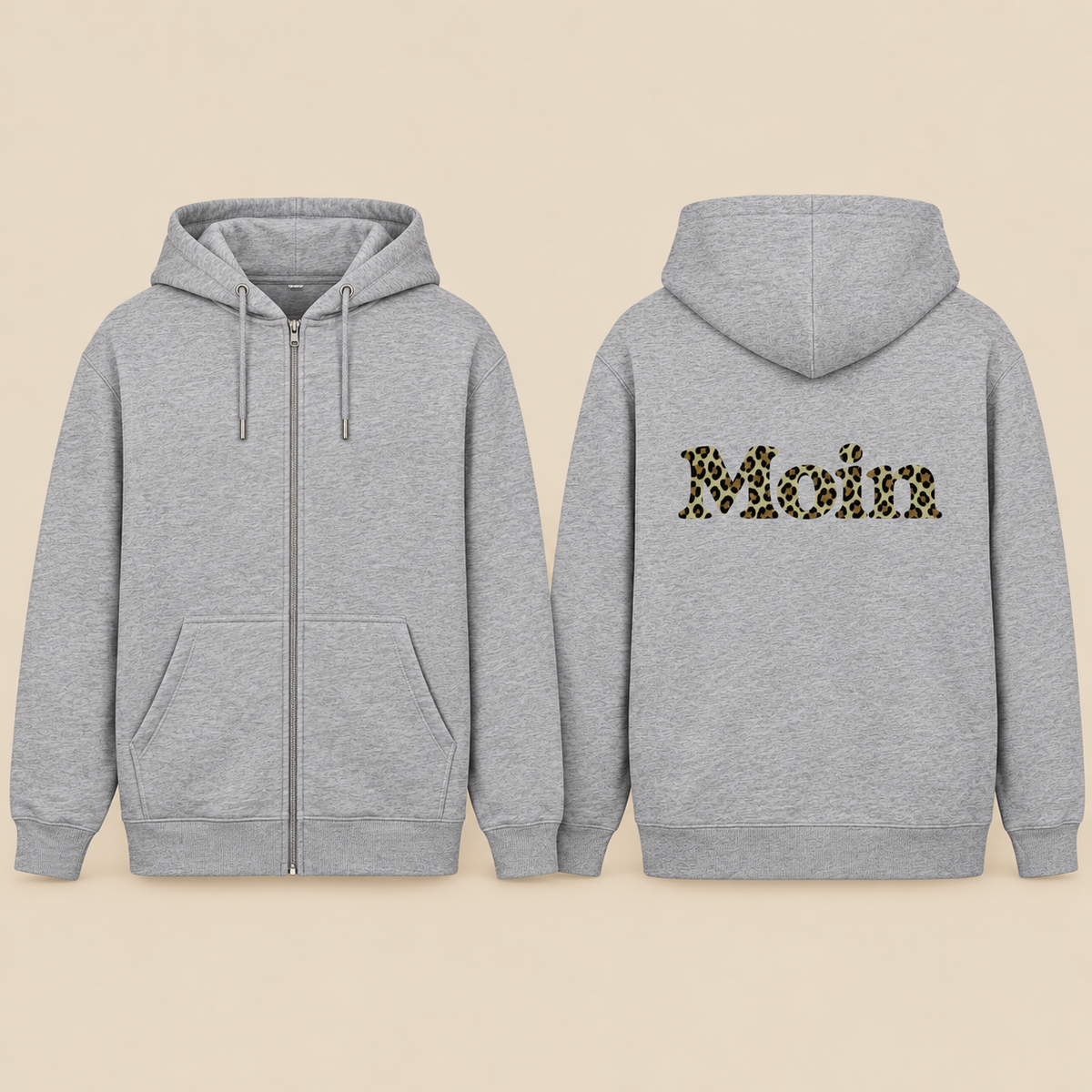Graumelierte Zipper-Kapuzenjacke in Front- und Rückansicht: vorne Reißverschluss ohne Print, hinten Moin Leo Sage Green.