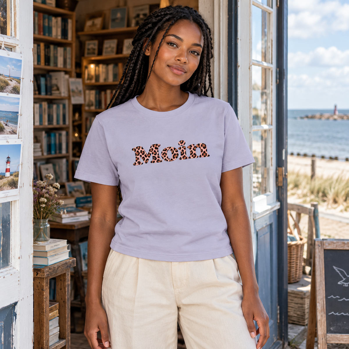 Frau vor einer Buchhandlung trägt ein Damen-Bio-T-Shirt in Lavender mit Moin-Leo-Blush-Pink-Motiv.