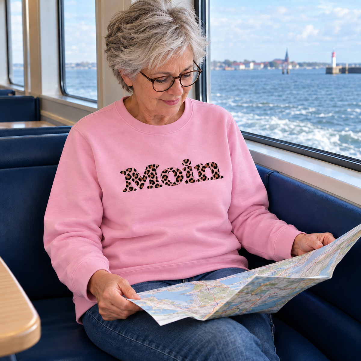 Frau liest auf einer Fähre im Bio-Unisex-Sweatshirt Cotton Pink mit Moin-Leo-Blush-Pink-Frontprint.