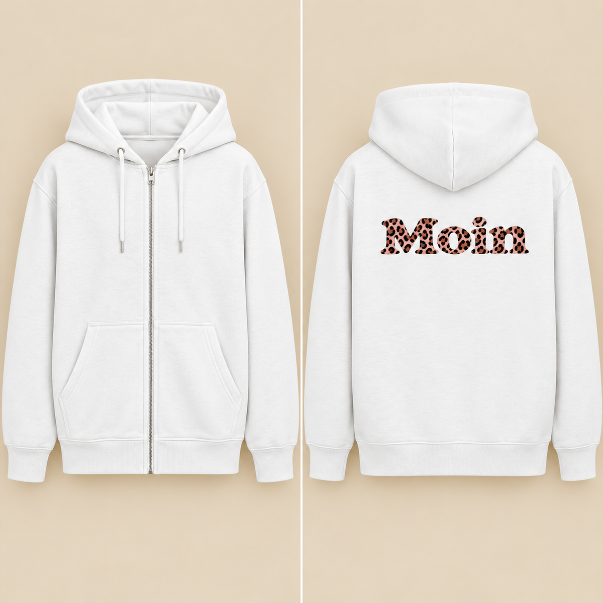 Weiße Bio-Zipper-Kapuzenjacke als Front- und Rückansicht: vorne Reißverschluss ohne Motiv, hinten Moin-Leo-Blush-Pink-Backprint.