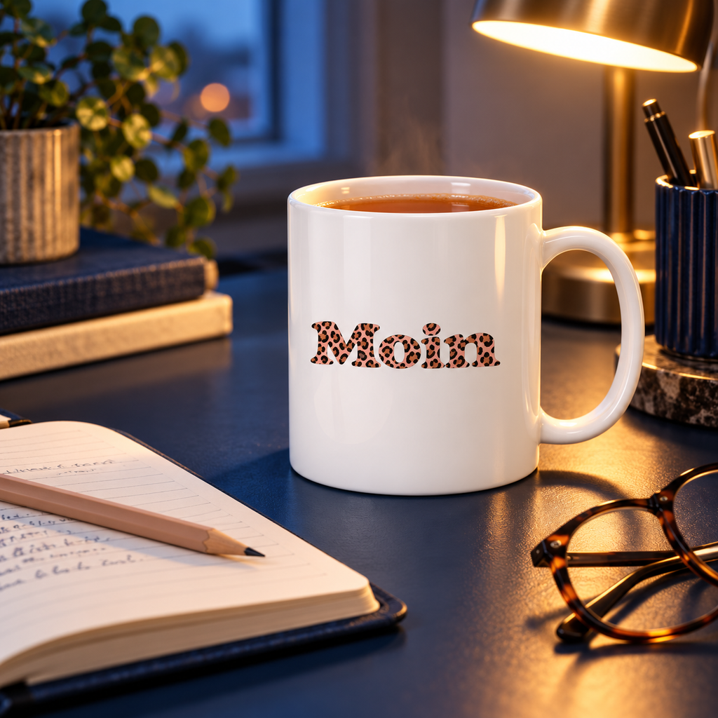Weiße Glossy-Tasse mit Moin-Leo-Blush-Pink-Motiv und Tee auf einem Schreibtisch neben Notizbuch und Brille.