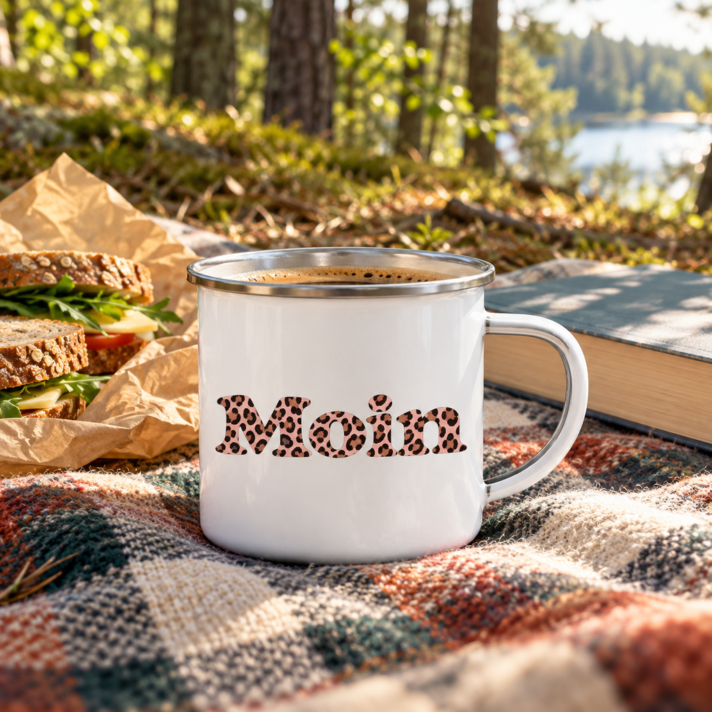 Weiße Emaille-Tasse mit Silberrand und Moin Leo Blush Pink auf einer Picknickdecke neben Brot und Buch.
