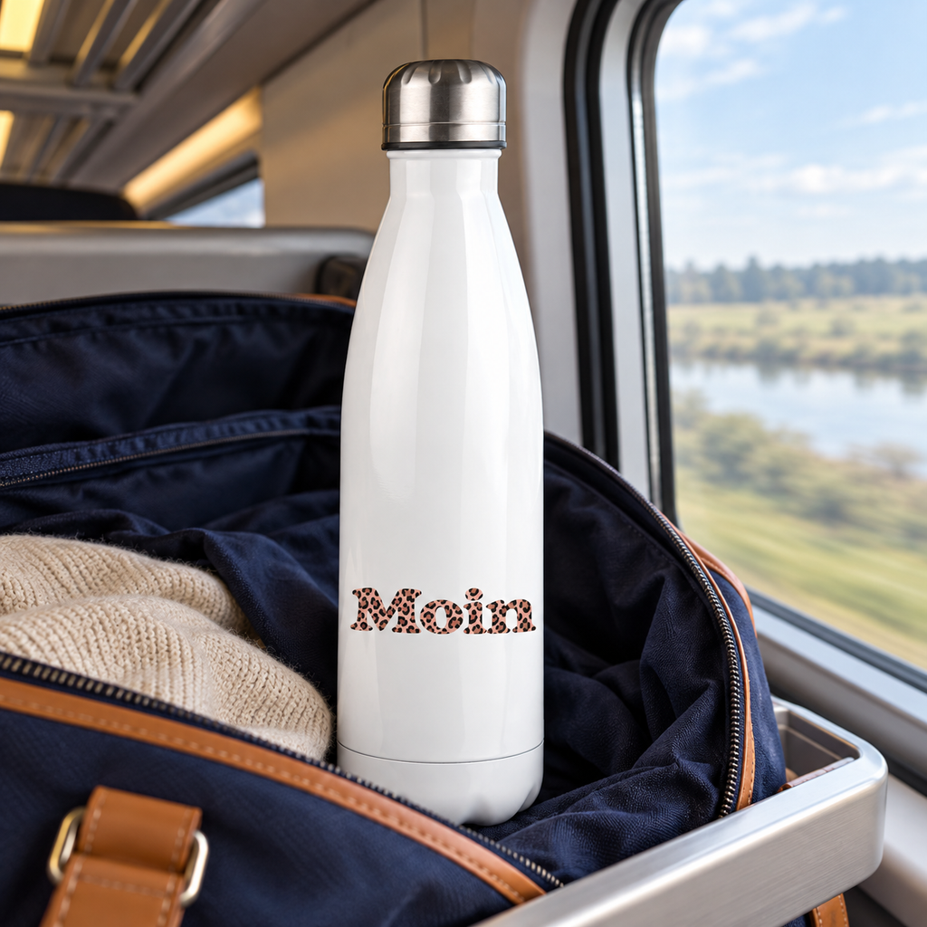 Weiße Edelstahl-Thermoflasche mit Moin-Leo-Blush-Pink-Motiv steht in einer offenen Reisetasche am Zugfenster.