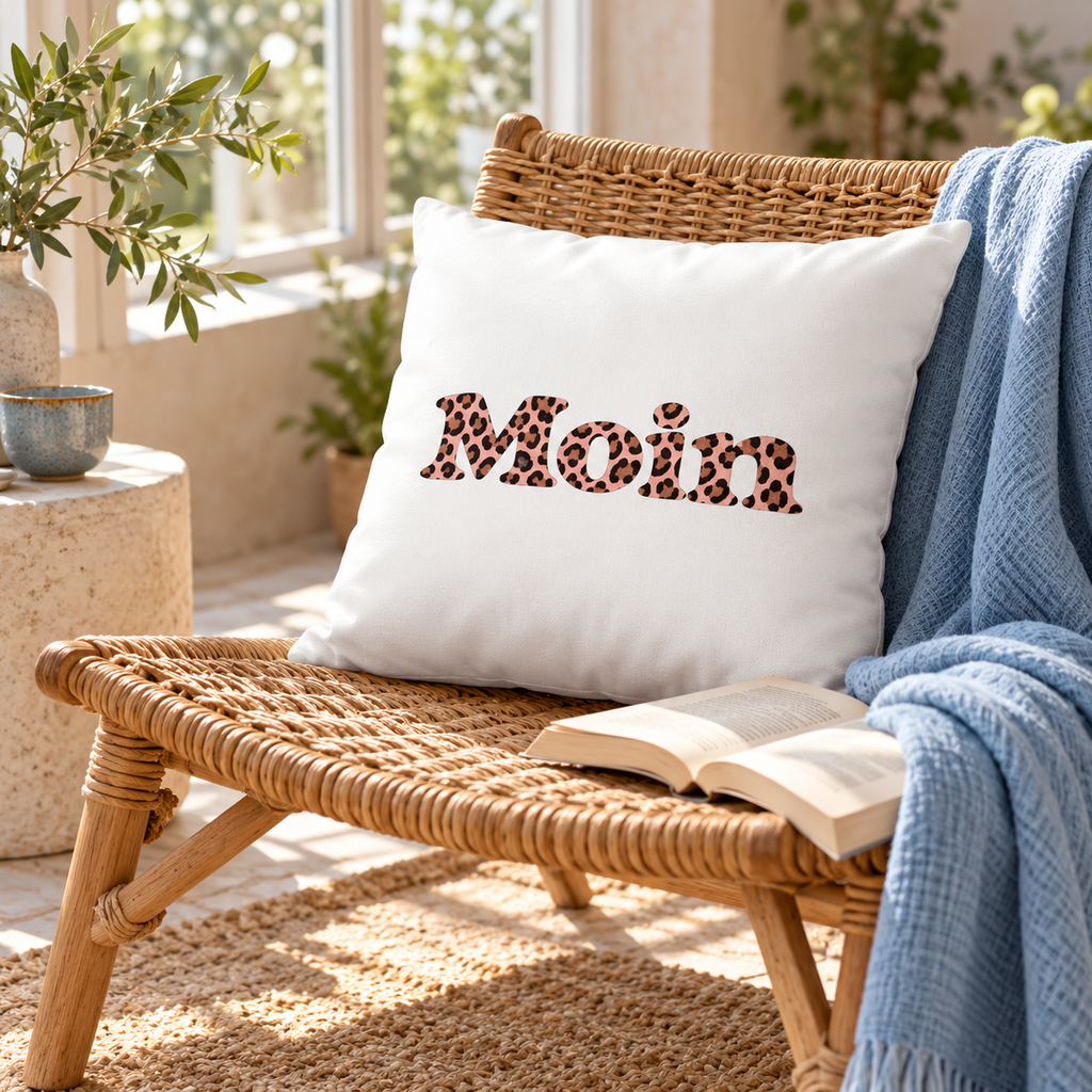 Weißes Kissen mit Moin Leo Blush Pink auf einem Rattansessel neben einer blauen Decke und einem offenen Buch.