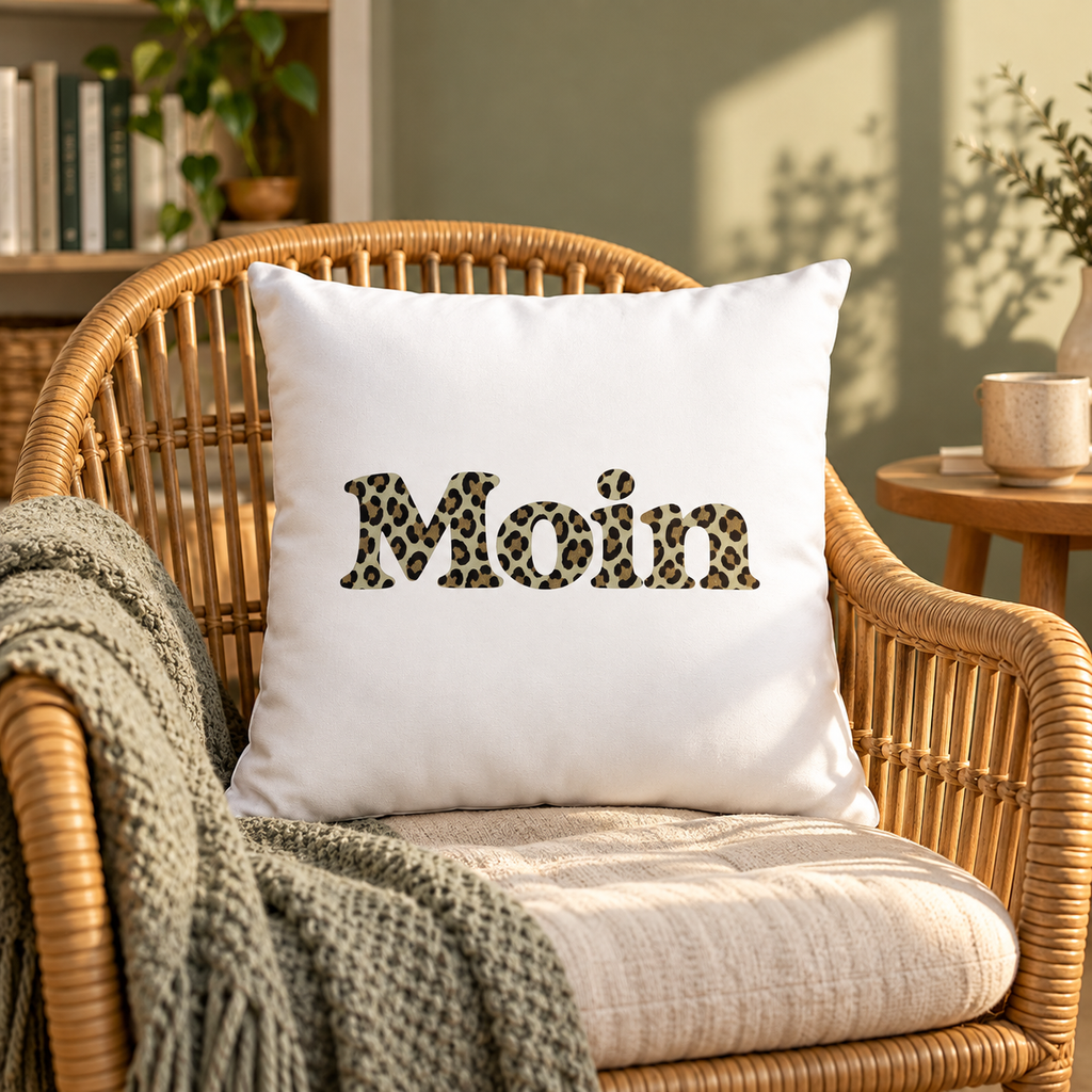 Weißes Kissen 40 × 40 cm mit Moin-Leoprint in Sage Green auf einem Rattansessel in einer Leseecke, Vorderansicht.