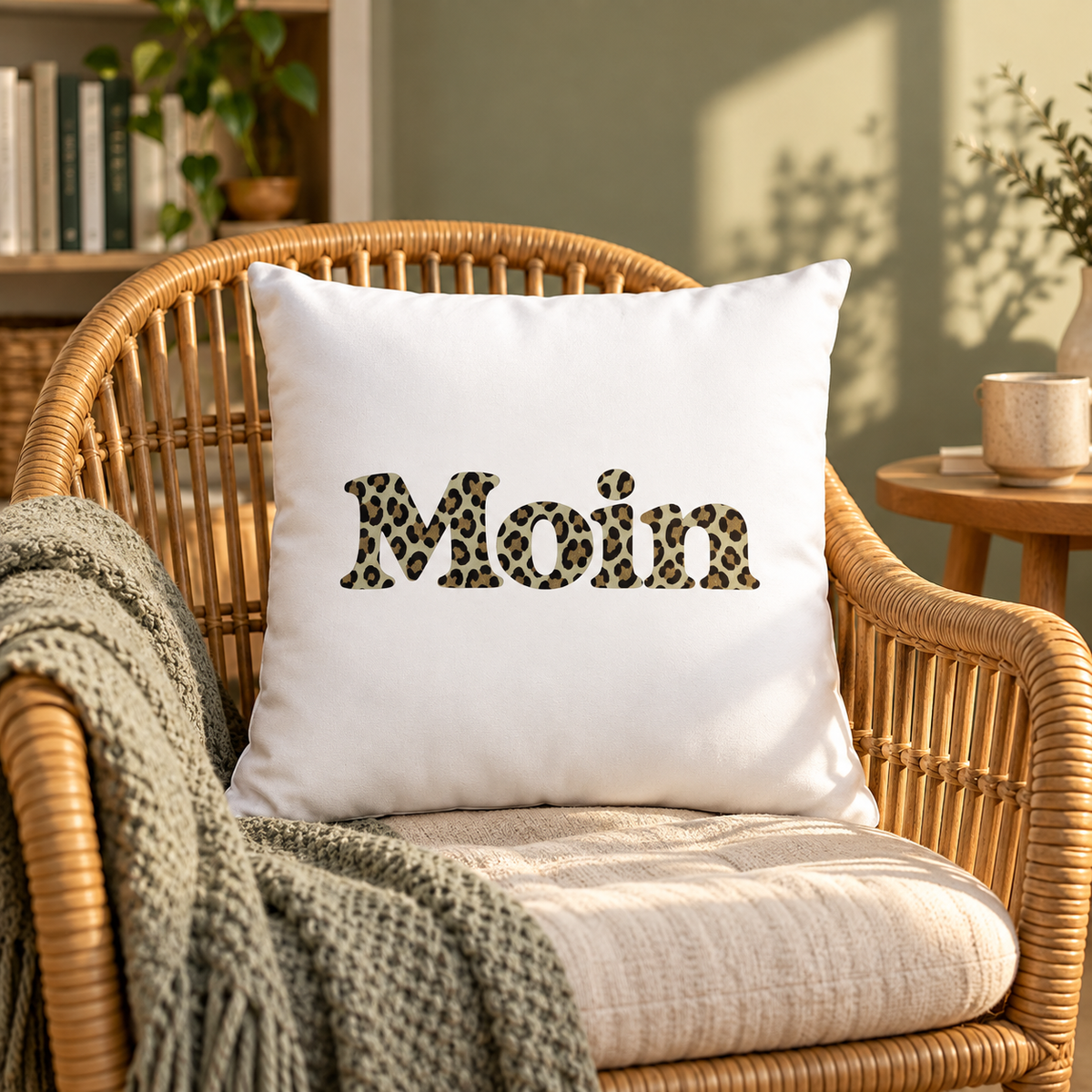 Weißes Kissen 40 × 40 cm mit Moin-Leoprint in Sage Green auf einem Rattansessel in einer Leseecke, Vorderansicht.