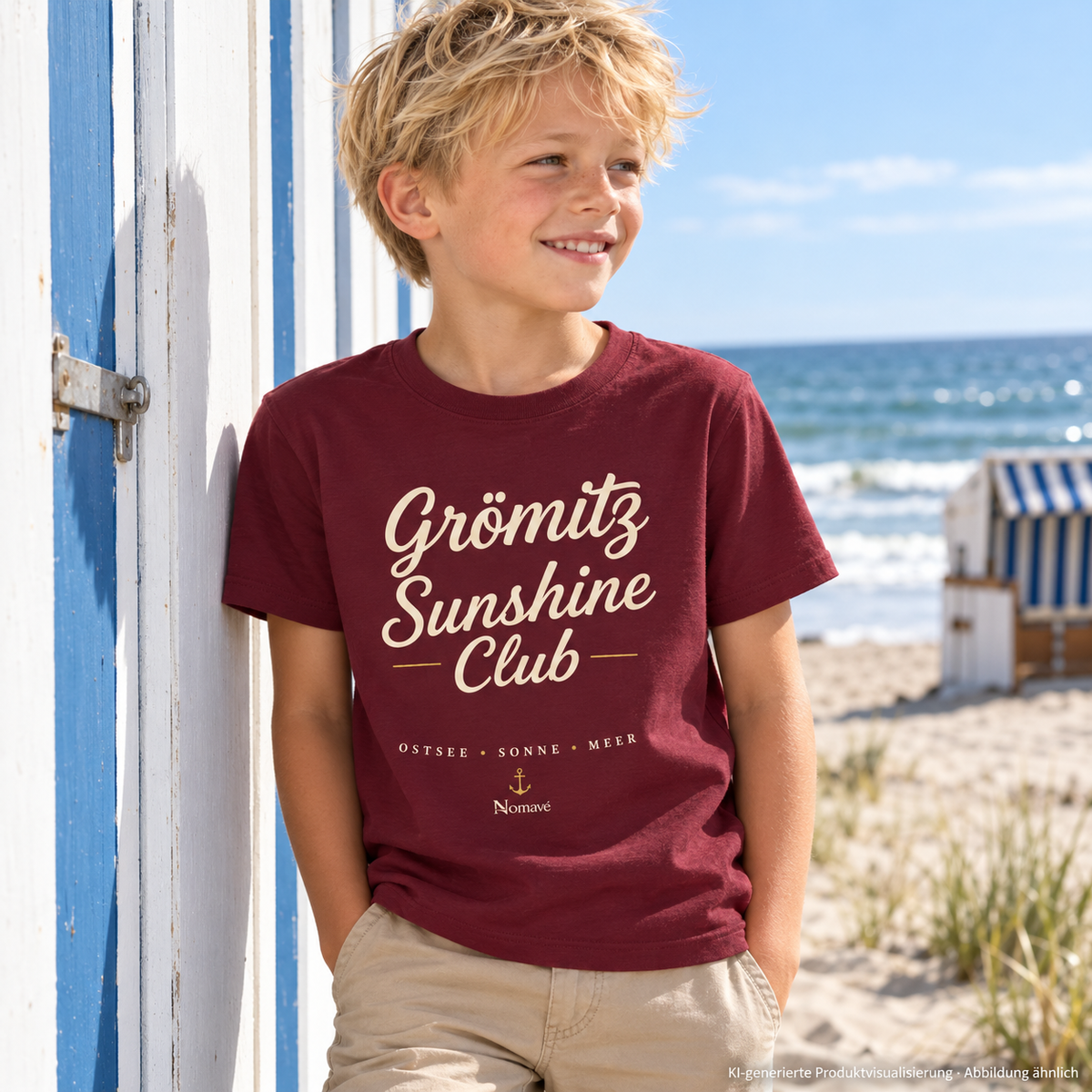 Grömitz Sunshine Club Kinder Bio-T-Shirt in Burgundy – Junge an einer Strandhütte, Lifestylebild 3 – KI-Produktvisualisierung