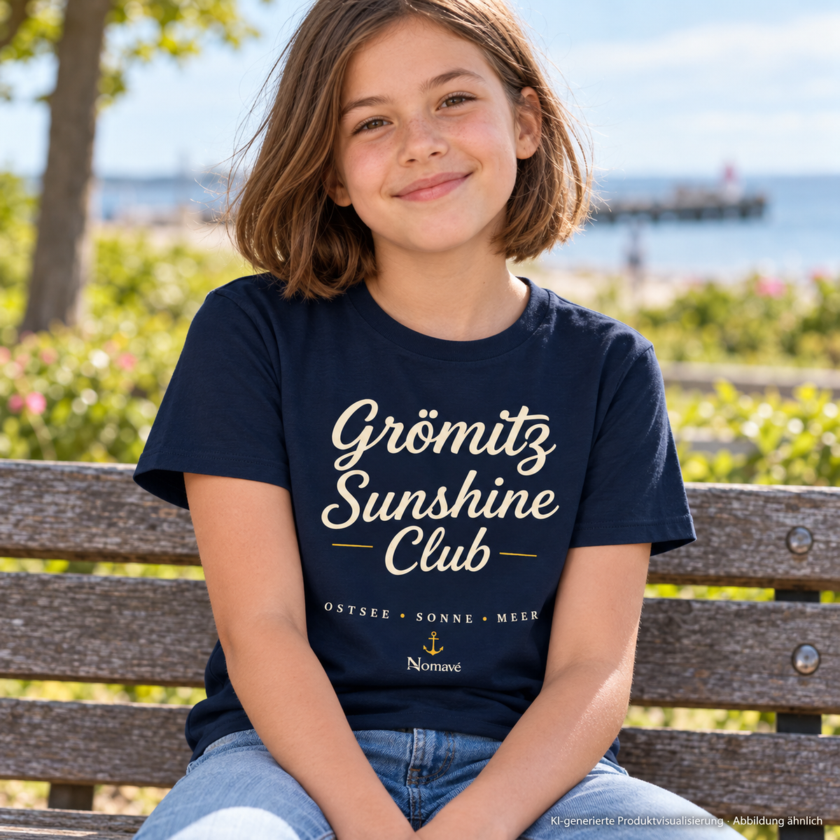 Grömitz Sunshine Club Kinder Bio-T-Shirt in French Navy – Mädchen auf Parkbank, Lifestylebild 4 – KI-Produktvisualisierung