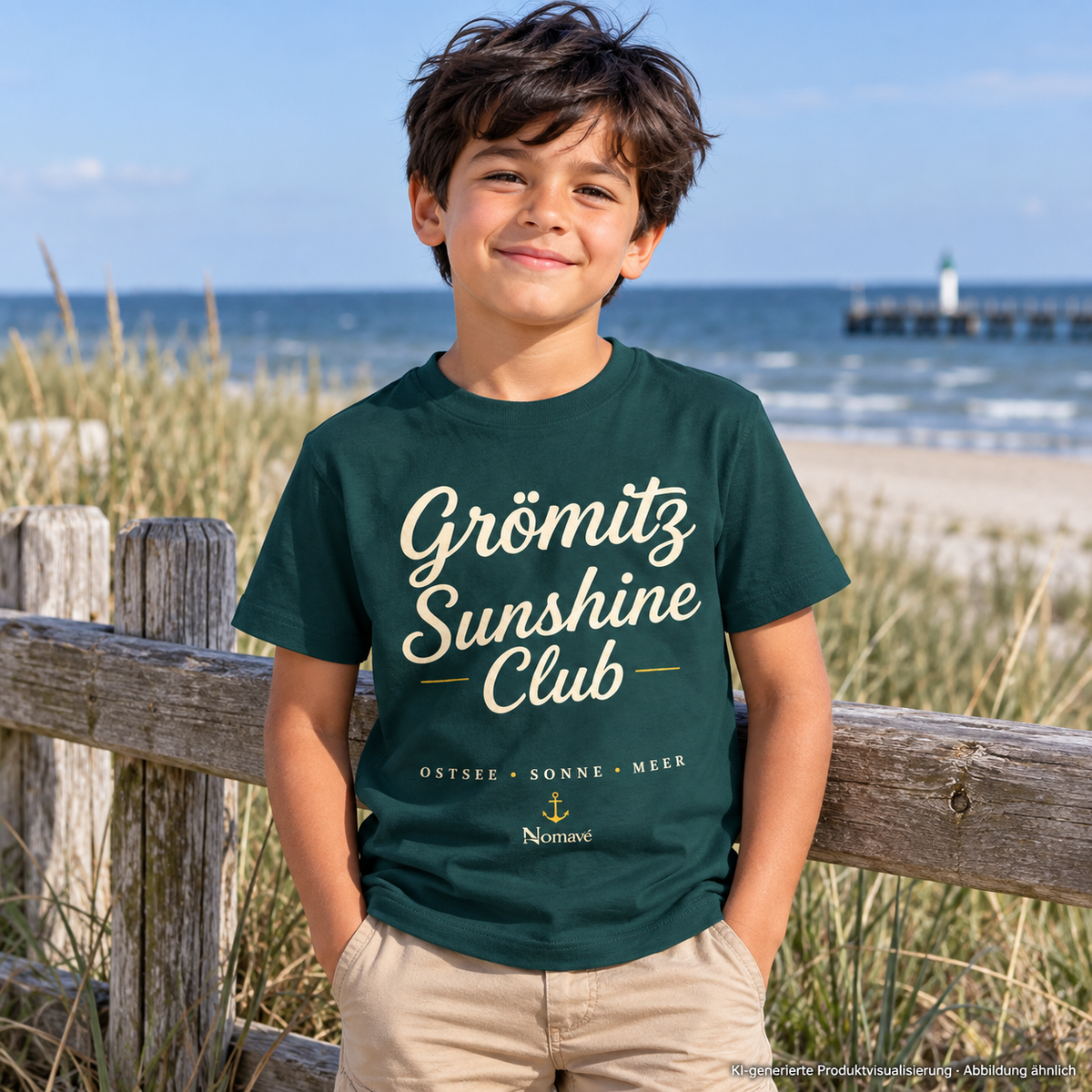 Grömitz Sunshine Club Kinder Bio-T-Shirt in Glazed Green – Junge am hölzernen Küstenzaun, Lifestylebild 5 – KI-Produktvisualisierung