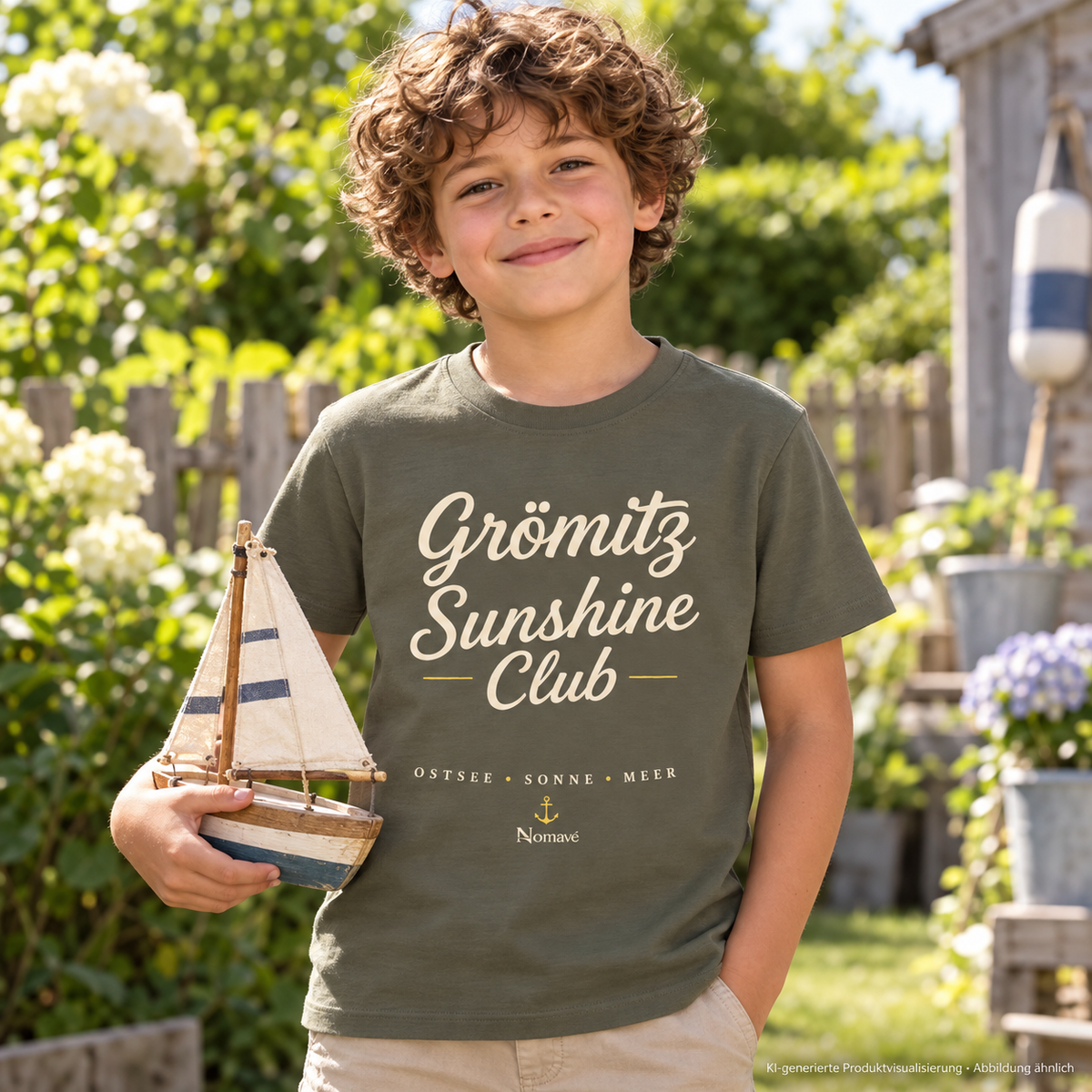 Grömitz Sunshine Club Kinder Bio-T-Shirt in Khaki – Junge mit Holzsegelboot im Garten, Lifestylebild 1 – KI-Produktvisualisierung