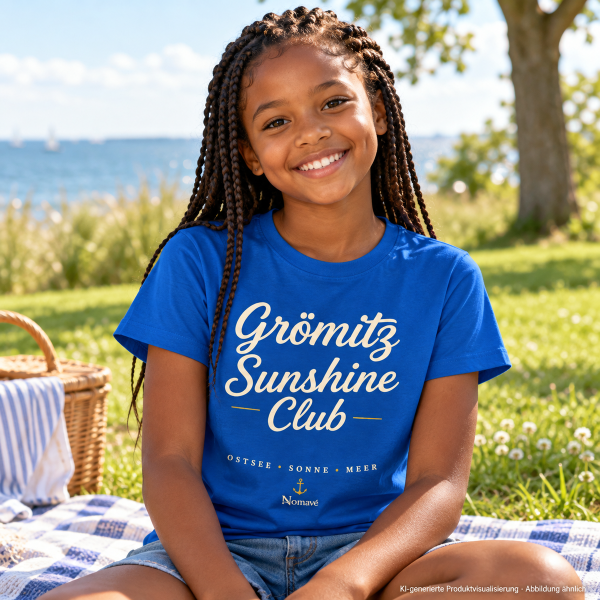 Grömitz Sunshine Club Kinder Bio-T-Shirt in Royal Blue – Mädchen beim Picknick an der Küste, Lifestylebild 2 – KI-Produktvisualisierung