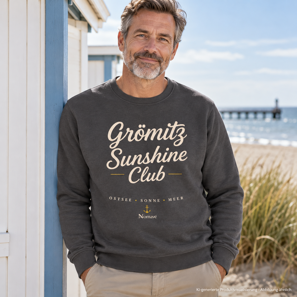 Grömitz Sunshine Club Bio-Unisex-Sweatshirt in Anthracite – Mann vor einer Strandhütte, Frontdruck – KI-Produktvisualisierung