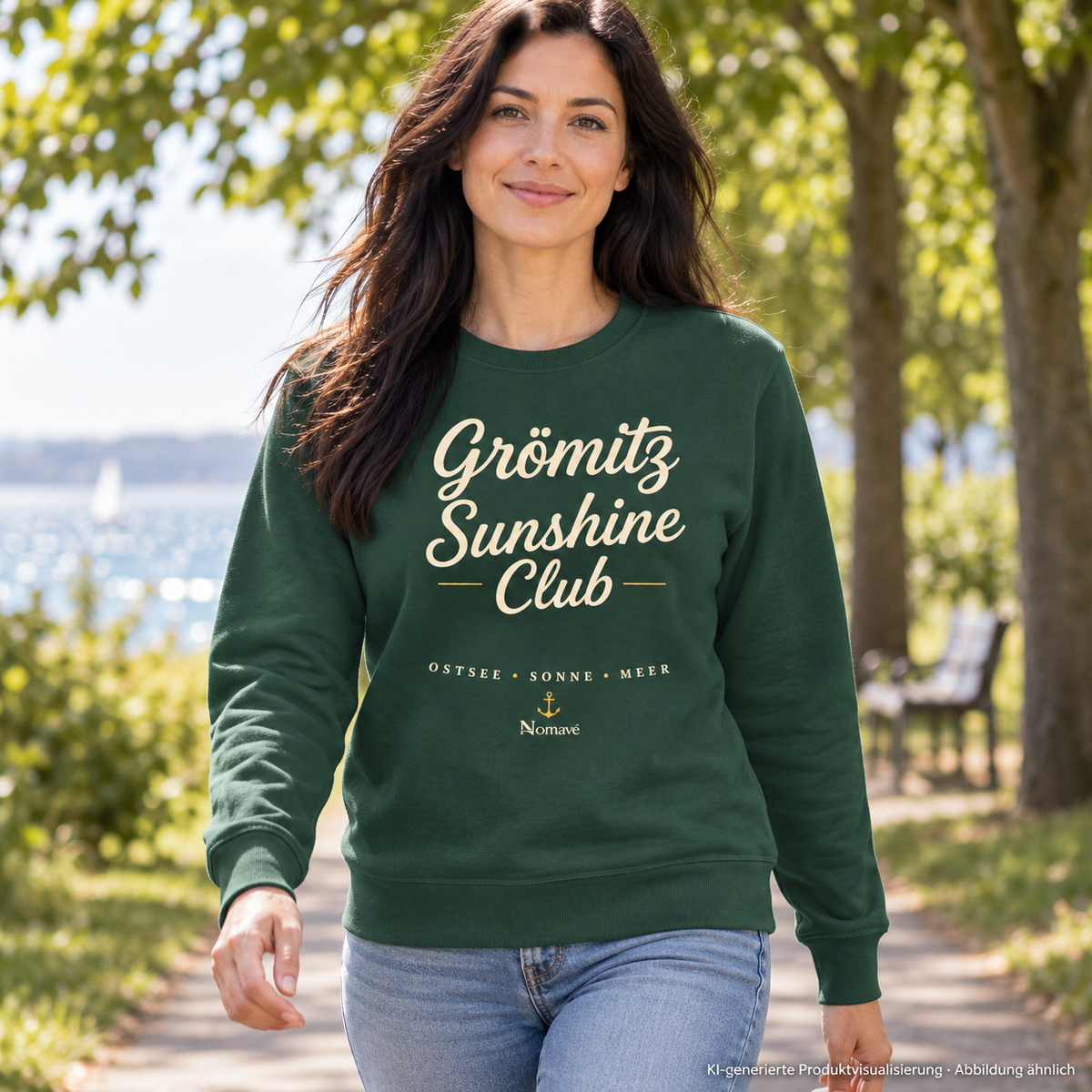 Grömitz Sunshine Club Bio-Unisex-Sweatshirt in Bottle Green – Frau im grünen Park, Frontdruck – KI-Produktvisualisierung
