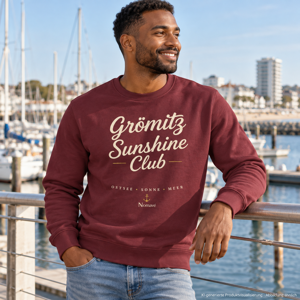 Grömitz Sunshine Club Bio-Unisex-Sweatshirt in Burgundy – Mann am Geländer im Yachthafen, Frontdruck – KI-Produktvisualisierung