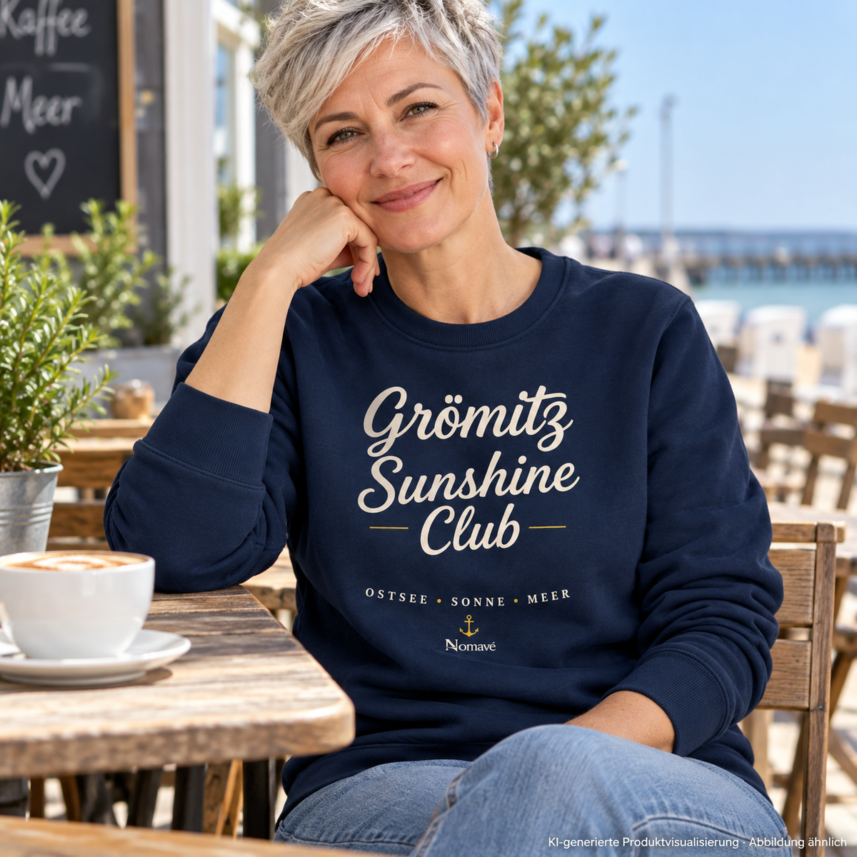 Grömitz Sunshine Club Bio-Unisex-Sweatshirt in French Navy – Frau auf Caféterrasse, Frontdruck – KI-Produktvisualisierung