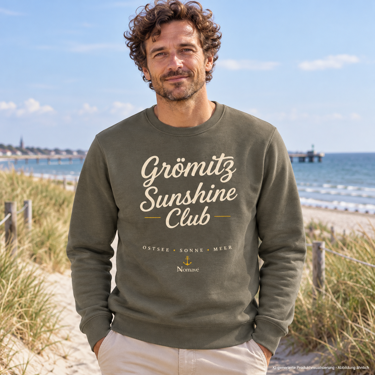 Grömitz Sunshine Club Bio-Unisex-Sweatshirt in Khaki – Mann auf sandigem Küstenweg, Frontdruck – KI-Produktvisualisierung