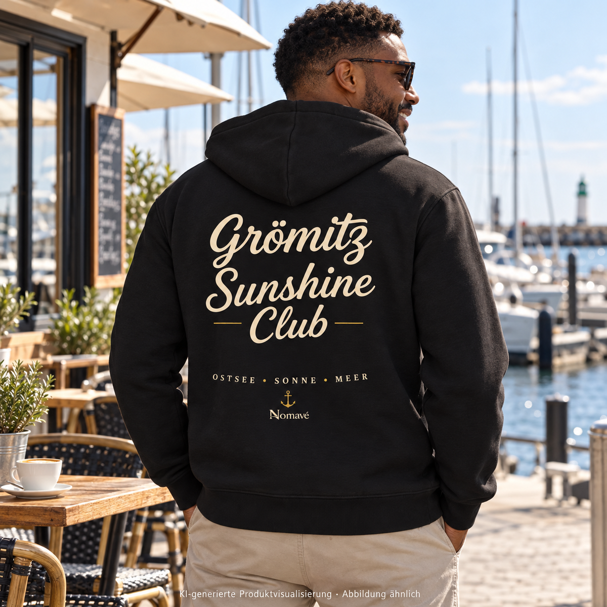Grömitz Sunshine Club Bio-Zipper mit Rückendruck in Black – Mann am Yachthafencafé, Lifestylebild 4 – KI-Produktvisualisierung