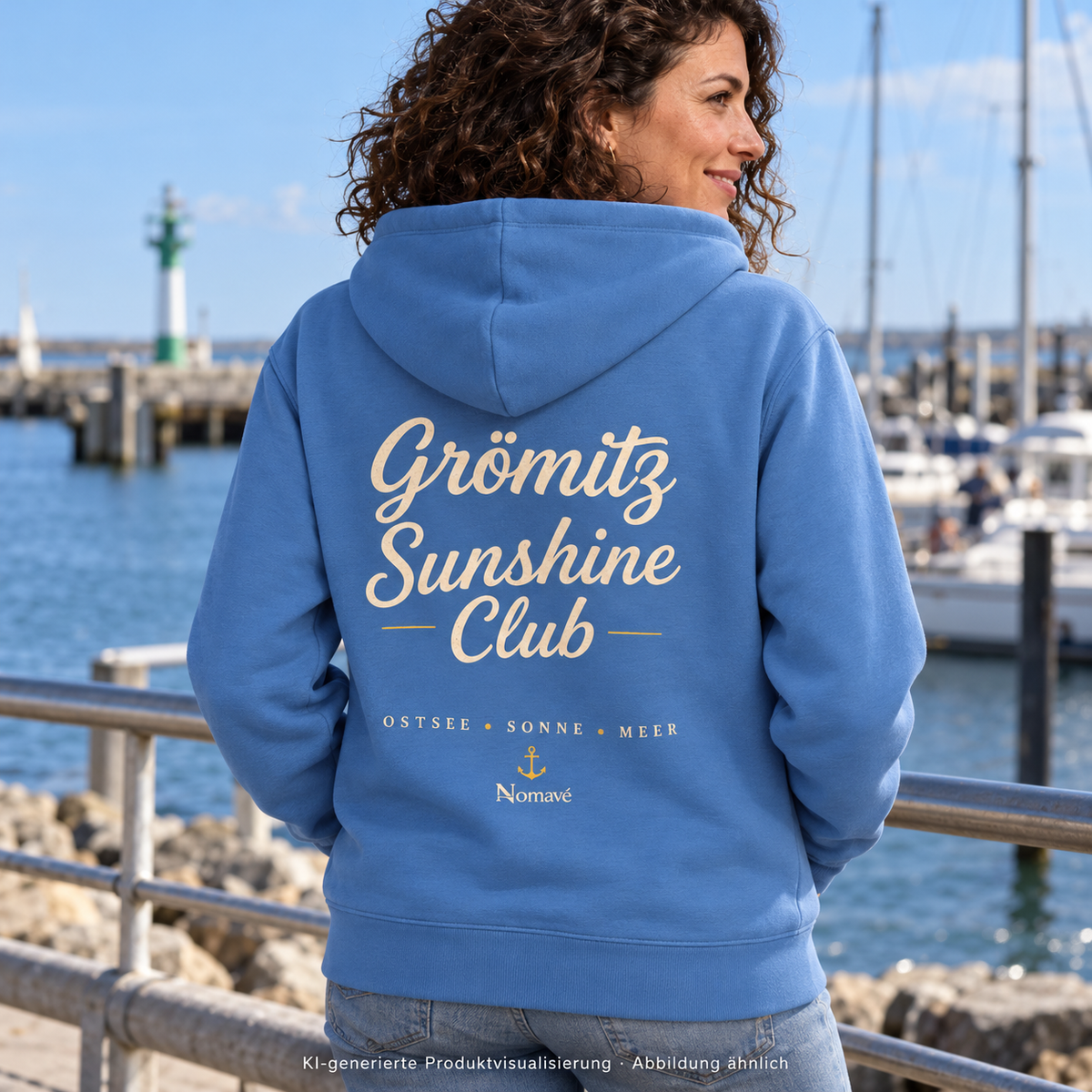 Grömitz Sunshine Club Bio-Zipper mit Rückendruck in Bright Blue – Frau am Hafengeländer, Lifestylebild 1 – KI-Produktvisualisierung